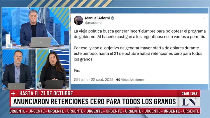 El Gobierno elimina las retenciones a los granos hasta el 31 de octubre