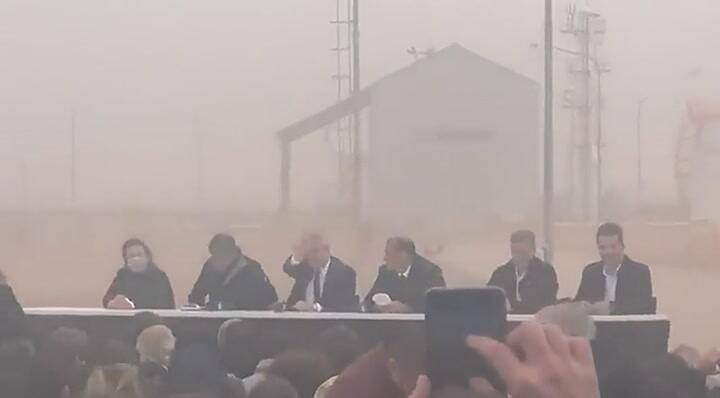 La fuerte tormenta de viento durante el anuncio de una obra en Vaca Muerta