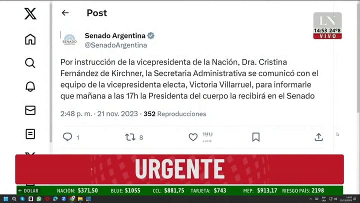 Cristina Kirchner recibirá a la vicepresidenta electa Victoria Villarruel en el Senado