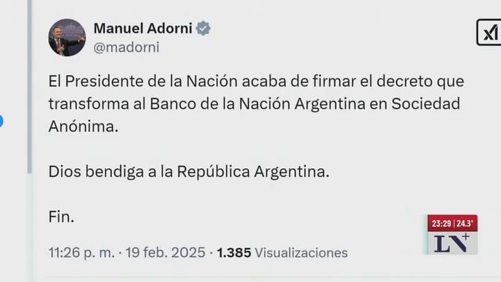 El Banco de la Nación Argentina se transforma en Sociedad Anónima por decreto del Gobierno
