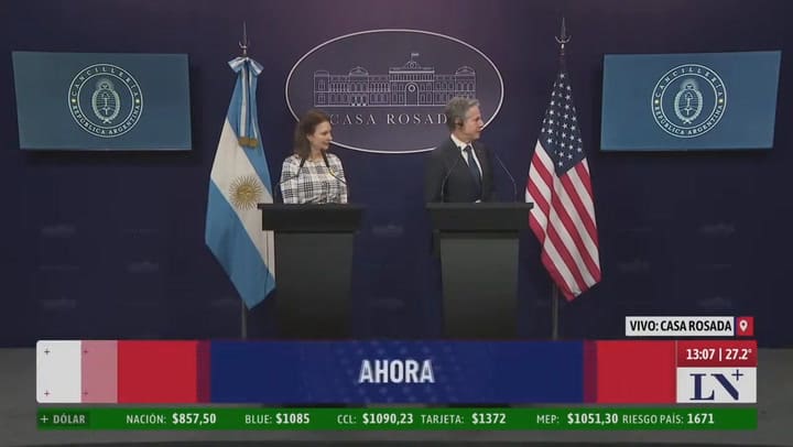 Conferencia de prensa de Mondino y Blinken; el Secretario de Estado de Biden se reunió con Milei