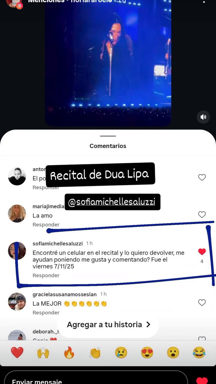 El video de Sofía para buscar al dueño del celular perdido en Dua Lipa