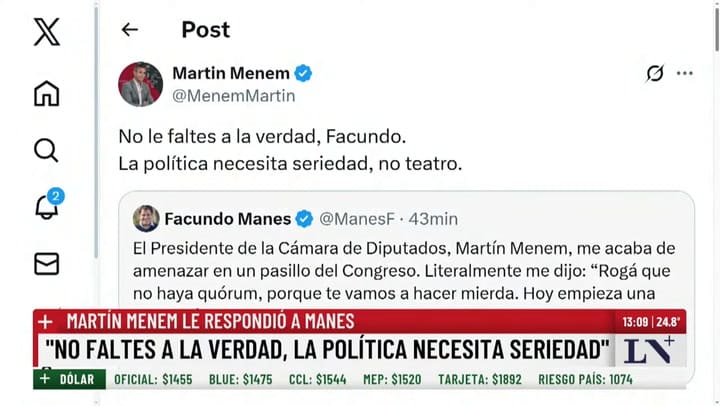 Facundo Manes denunció a Martín Menem por amenazas