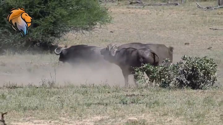 Cinco búfalos jóvenes se juntan para expulsar a un viejo macho de un territorio en disputa