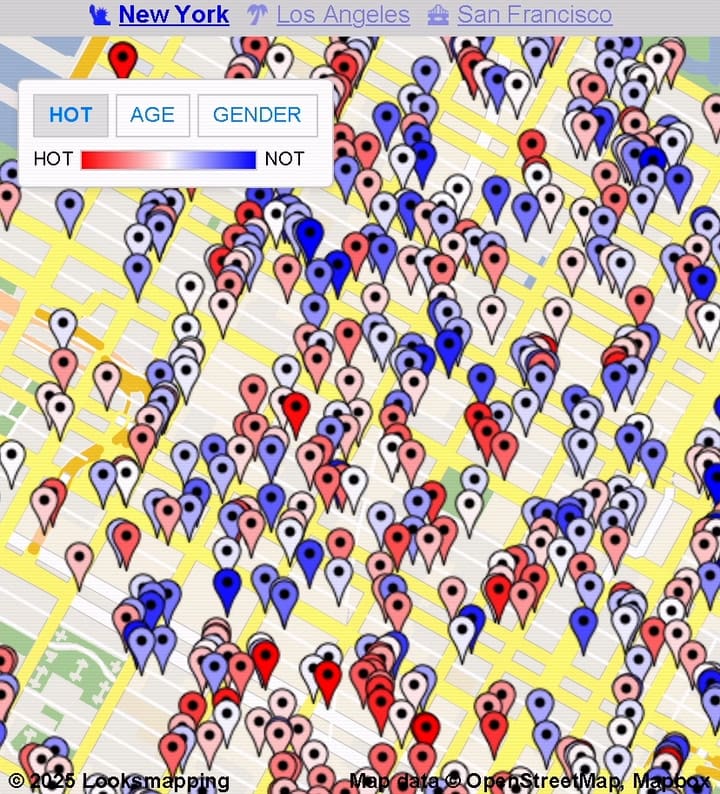 Mapa interactivo de LooksMapping en Manhattan, con el filtro aplicado que clasifica a la gente según su atractivo