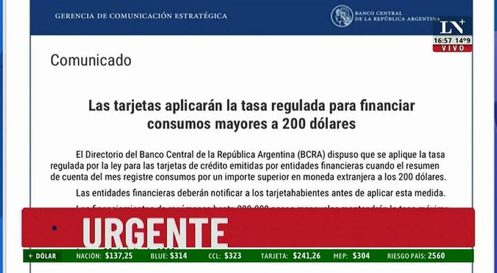 El Banco Central aplicará tasa regulada para financiar el dólar