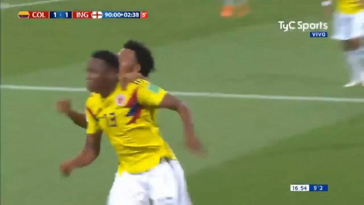 El gol de Mina que marcó el empate de Colombia ante Inglaterra - Fuente: TyC Sports