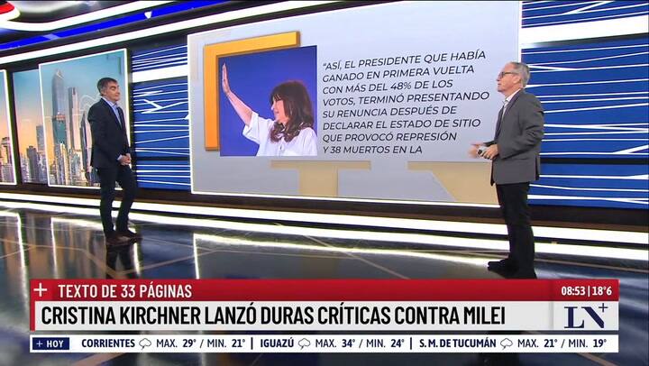 CFK atacó a Milei y lo comparó con De la Rúa; dijo que el presidente "recicla fracasados"