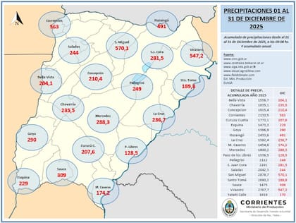 Hubo registros en algunas localidades que superaron los 2800 mm anuales, según el último informe del Ministerio de Producción de Corrientes