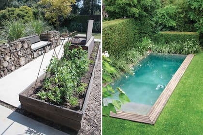 Huerta en cajones, parrilla y banco en un mismo sector (izquierda) y pileta con borde de deck (derecha).