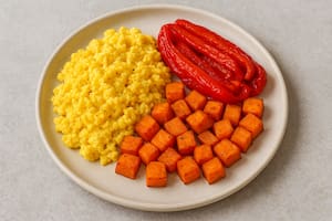 Huevos revueltos con morrón y batatas asadas