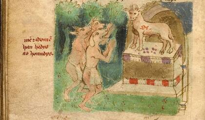 Humanos con cara de perro del manuscrito ilustrado de la Biblioteca Británica