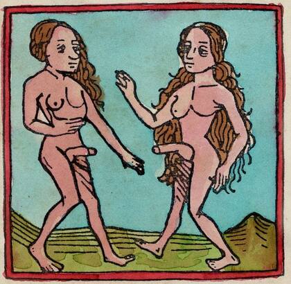 Humanos hermafroditas descritos en "Los viajes" e imaginados en una edición de 1371