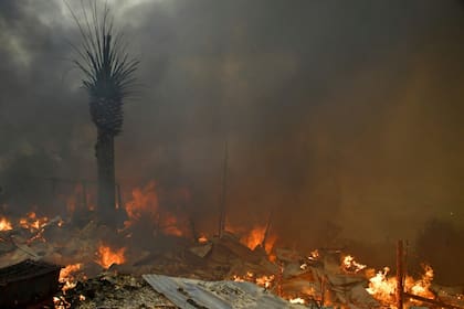 Humo y llamas se elevan desde casas incendiadas durante un incendio forestal en Concepción, Chile