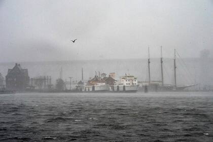Los fuertes vientos, la lluvia y una marejada mantienen a los barcos en sus muelles y amarres durante la tormenta tropical Henri en New London, Connecticut 