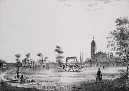 Iglesia del Pilar y Cementerio de la Recoleta según una litografía de Carlos E. Pellegrini de 1841. Nótese el coche fúnebre en el centro.