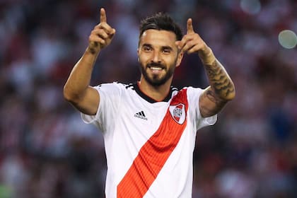 Su último festejo ante Independiente en marzo, el segundo de los dos goles (de penal) que hizo en 2019