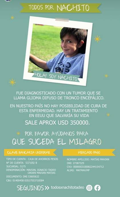 Ignacio Tadeo Mavian tiene siete años y padece DIPG, un cáncer en el tronco encefálico que le compromete las funciones básicas, pero que además no tiene cura en el país.
