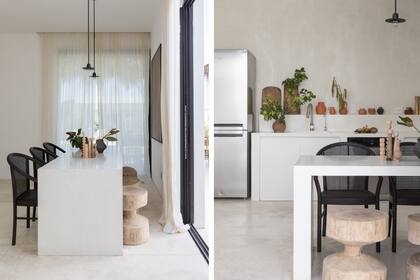 Igual que toda la casa, la cocina tiene piso de hormigón llaneado a mano color hueso.