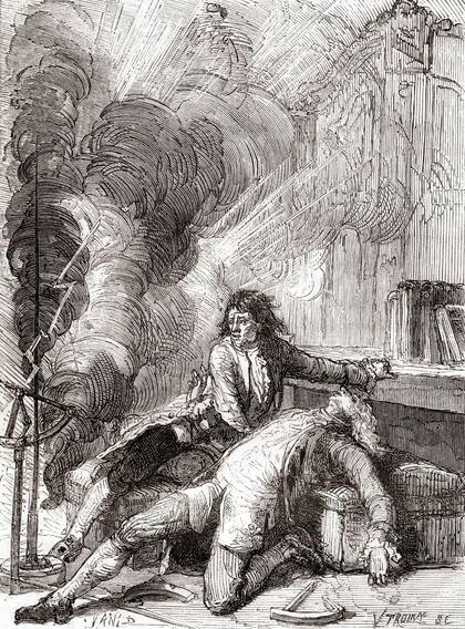 Ilustración de De Les Merveilles de la Science, publicado en 1870, de la muerte de Richmann.