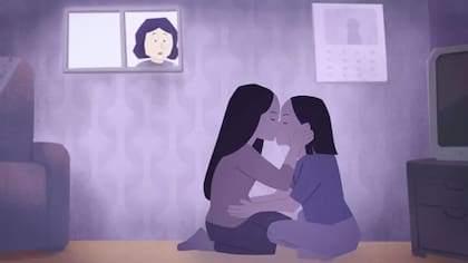 Ilustración de dos mujeres besándose y una mujer presenciando la situación afuera