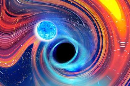 Ilustración de la fusión entre una estrella de neutrón y un agujero negro generando una onda gravitacional