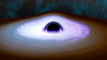 Ilustración de material girando alrededor de un agujero negro y su corona