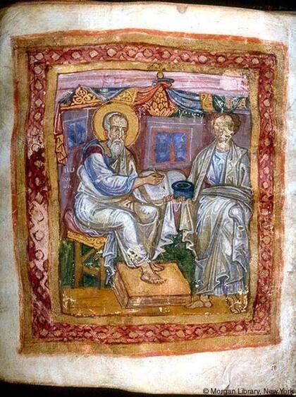 Ilustración de un manuscrito del siglo XI que representa al apóstol Juan y a Marción de Sinope