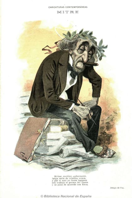 Ilustración de un Mitre laureado y sentado sobre libros, publicada en "Caras y Caretas"