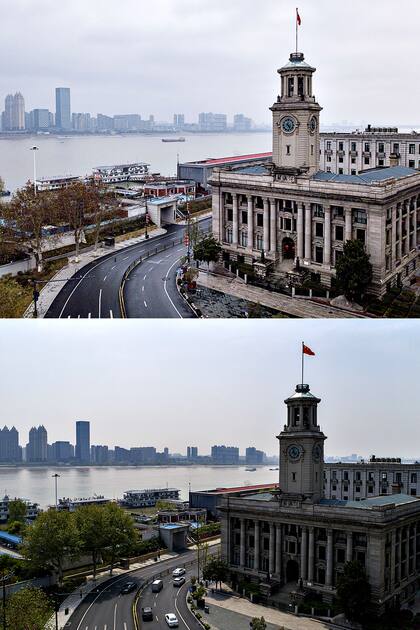 Imagen aérea combinada de la Aduana de Hankow en Wuhan, provincia de Hubei, en el centro de China, el 26 de enero de 2020 (arriba) y el 8 de abril de 2020 (abajo)