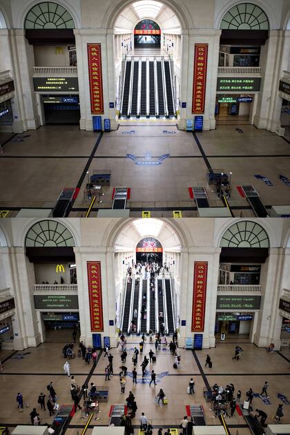 Imagen combinada del vestíbulo de la estación de ferrocarriles de Hankou en Wuhan, provincia de Hubei, en el centro de China, el 7 de abril de 2020 (arriba) y el 8 de abril de 2020 (abajo)