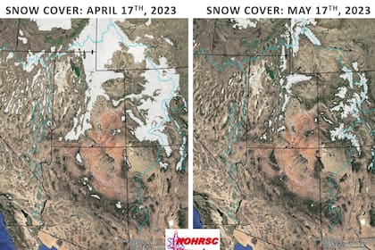 Imagen comparativa de la cantidad de nieve acumulada en las zonas de montaña del oeste de Estados Unidos