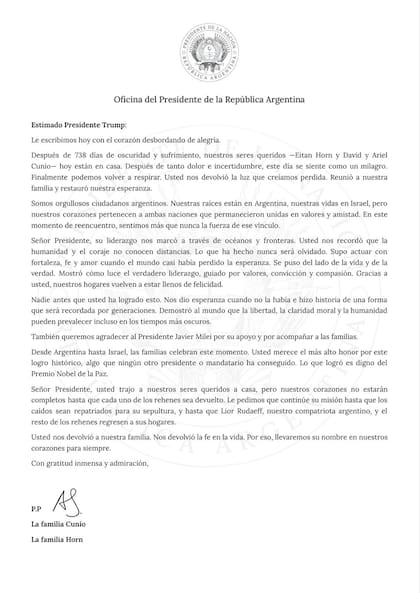 Imagen de la carta entregada al presidente norteamericano con las firmas de las familias Horn y Cunio. Fuente: X