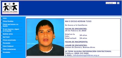 Imagen de la publicación que difundió Missing Children y que permitió que Yamila pudiese llegar a Adrián