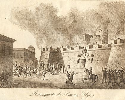 Imagen de la reconquista de Buenos Ayres: muchedumbre cerca del Fuerte de Buenos Ayres