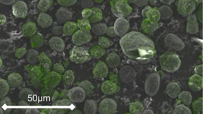 Imagen de microscopio electrónico de barrido de las microperlas de grafito recubiertas. Las regiones verdes indican silicio y confirman la presencia del revestimiento aislante