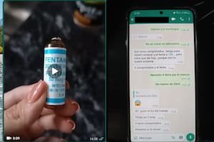 Imagen de un video con una ampolla de fentanilo hallada en la casa de la víctima del caso y el chat donde le pide al imputado "4 fenta por lo menos"