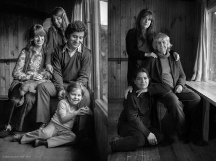 Imagen de una ausencia: Joan y Víctor Jara, con sus hijas Manuela Bunster (hija de Joan y el bailarín Patricio Bunster) y Amanda (en el suelo) en 1972 y la familia sin Víctor en 2018