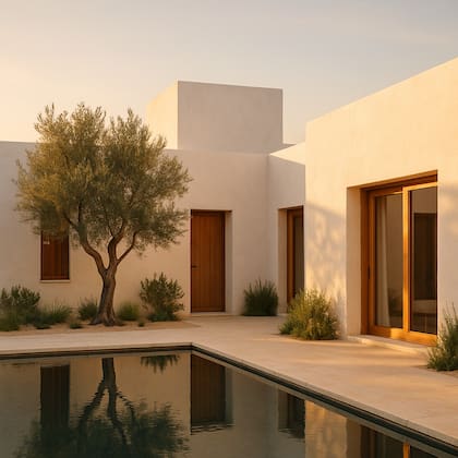 Imagen de una casa en una planta con pileta, generada con IA