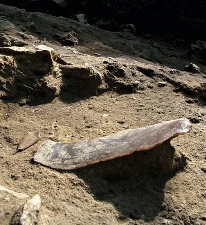 Imagen de una larga hoja de sílex que sobresale entre los sedimentos de la cueva de Mandrin