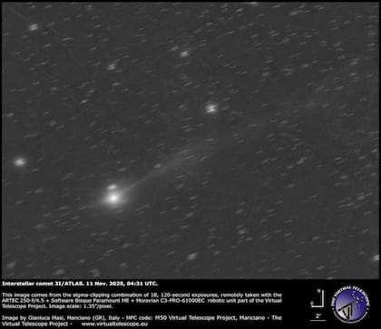 Imagen del cometa 3I/ATLAS tomada el 11 de noviembre, donde se puede ver la cola extendida a lo largo de su trayecto