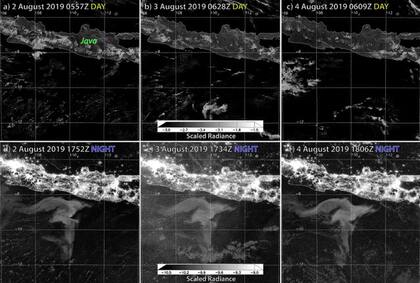Imagen del evento publicada en el informe científico del equipo de Miller en Nature Scientific Reports, julio de 2021, comparando vistas satelitales de día y noche