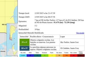 Imagen del INPRES, con el aviso del sismo en Río Turbio, Santa Cruz