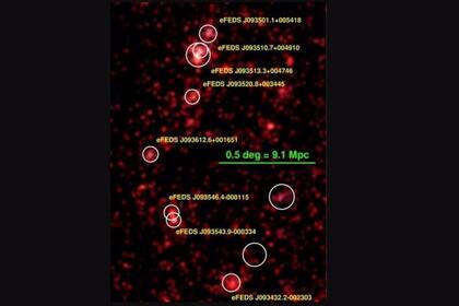 Imagen en color del mapa de densidad de galaxias con un corrimiento al rojo de 0,36 de Hyper Suprime-Cam (HSC) de eROSITA. Los círculos blancos marcan la ubicación de los ocho cúmulos de galaxias que forman el nuevo supercúmulo