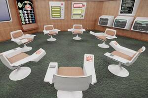 Imagen generada por computadora del diseño de la sala de operaciones del Proyecto CyberSyn.