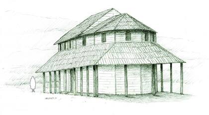 Imagen ilustrativa de la iglesia de madera, separada del resto de las edificaciones (Inrap / François Gauchet)