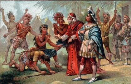 Imagen obtenida a través de la cromolitografía en el siglo XIX que retrata un encuentro del fraile dominico español Bartolomé de las Casas (1484-1566) con indígenas en América