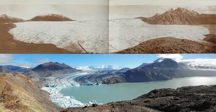Imagen panorámica del glaciar Viedma que muestra en retroceso que sufrió en los últimos 90 años; La imagen superior, de 1931, la tomó Alberto De Agostini y la de abajo Steffen Welsch, en 2021