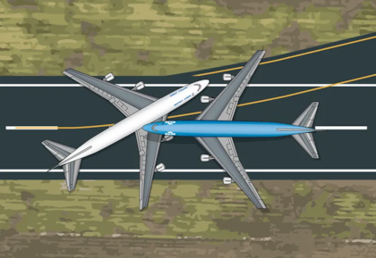 Imagen que muestra cómo impactaron las naves. El avión de PanAm dobló bruscamente a la izquierda mientras que el avión de KLM intentó levantar vuelo. No lograron evitar la tragedia