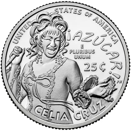 Imagen que muestra el inverso del cuarto de dólar dedicado a la cantante cubana Celia Cruz